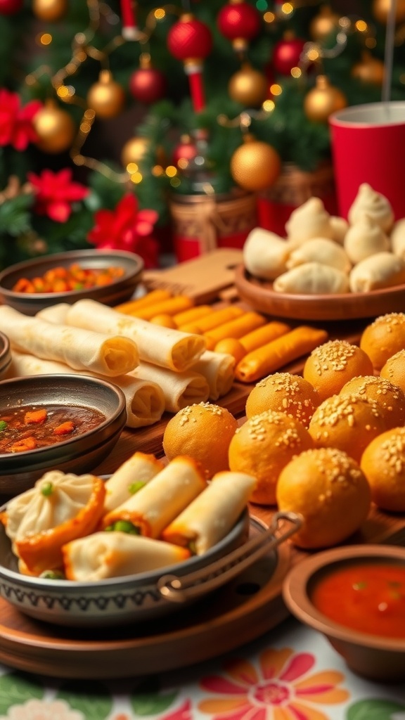 Asian-Inspired Christmas Party Food A colorful assortment of Asian party food including spring rolls, dumplings, and sesame balls on a decorated table.